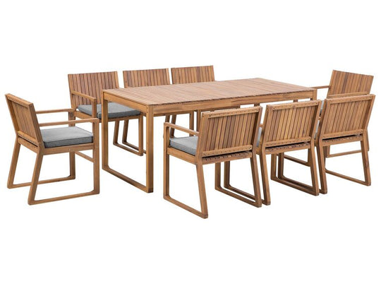 07/08/2024 8 Seater Acacia Wood Garden Dining Set with Grey Cushions Sassari