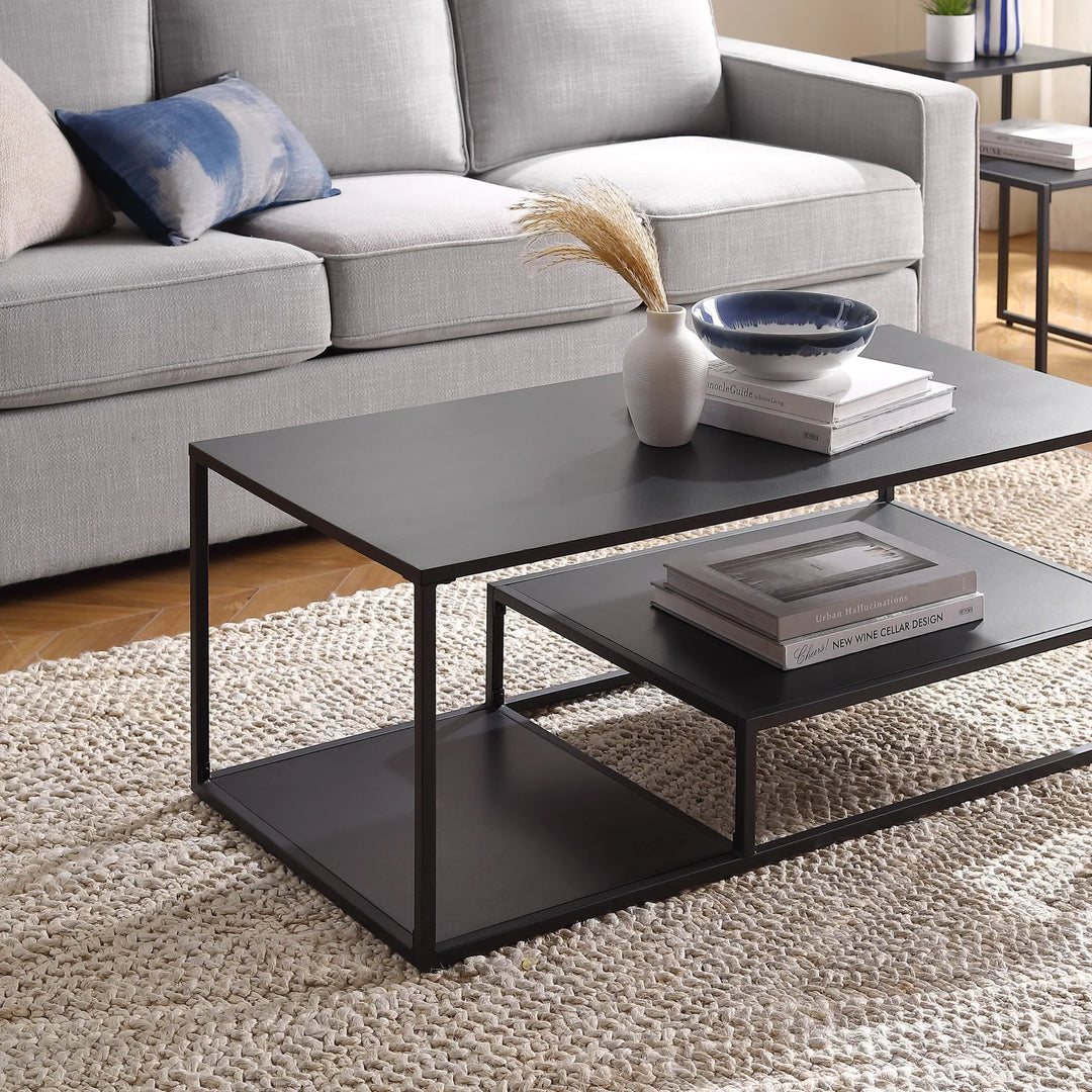 Modern Coffee Table with Tiered Shelves Black Esben