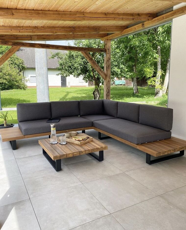 5 Seater Certified Acacia Wood Garden Corner Sofa Set Grey Mykonos