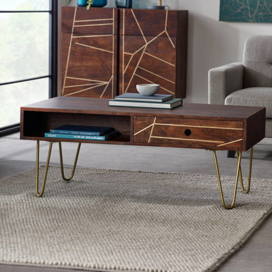 Dark Gold Rectangular Coffee Table With Drawer