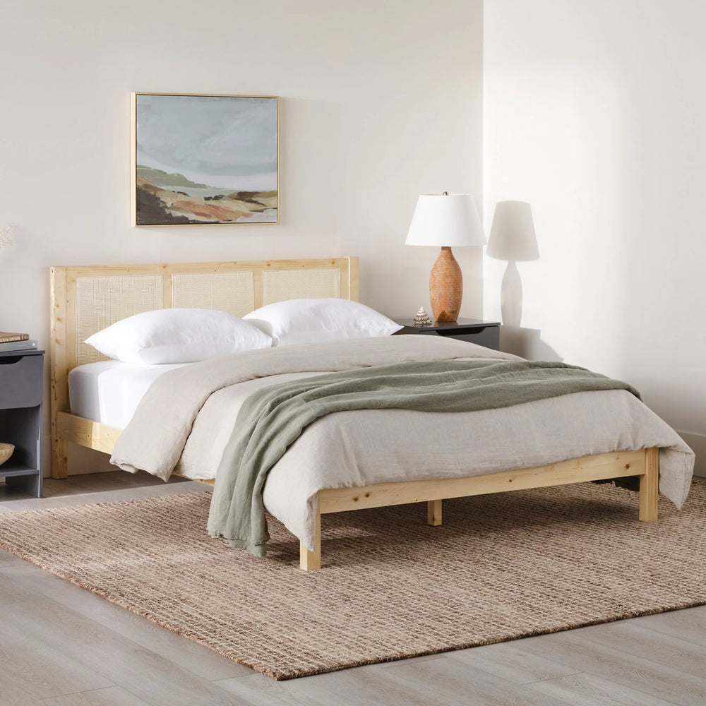 Solid Wood Rattan Paneled Platform Bed Natural Tianna
