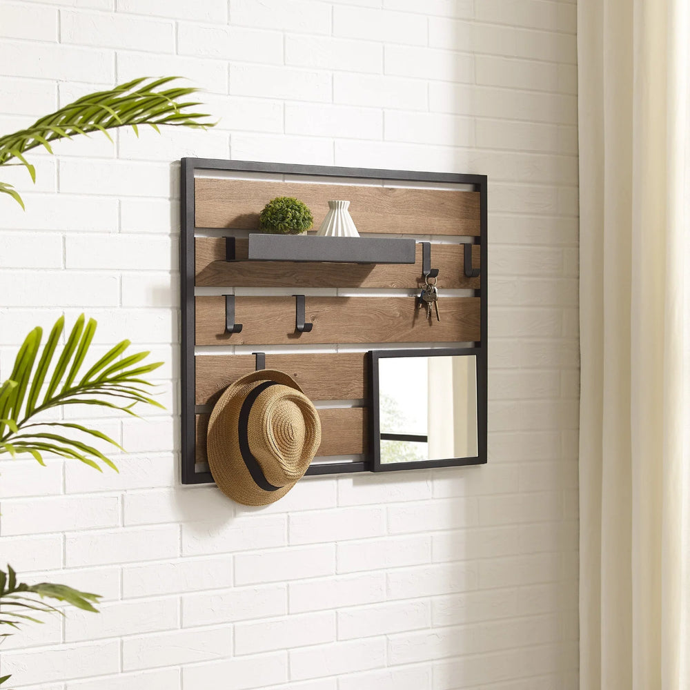 Slatted Wall Organizer with Mirror Knotty Driftwood/Black Maralee