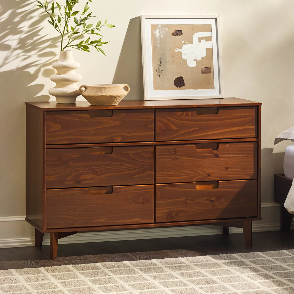 Modern 6 Drawer Solid Wood Dresser Walnut Janiely
