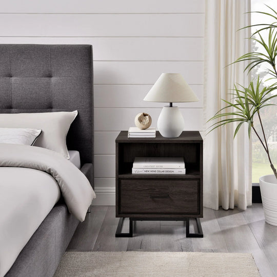 Modern Wood and Metal Bedside Table Charcoal Lilette