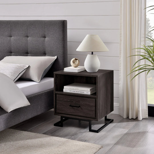 Modern Wood and Metal Bedside Table Charcoal Lilette