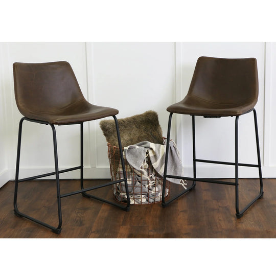 Set of 2 Leather Counter Brown Bar Stools Kait
