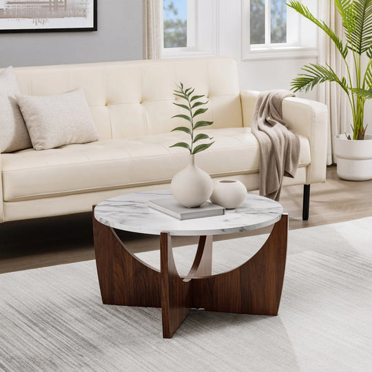 Round Coffee Table with Calacatta Marble Dark Walnut Luna