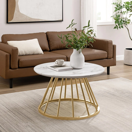 Modern Round Coffee Table with Metal Base White Marble Vardell
