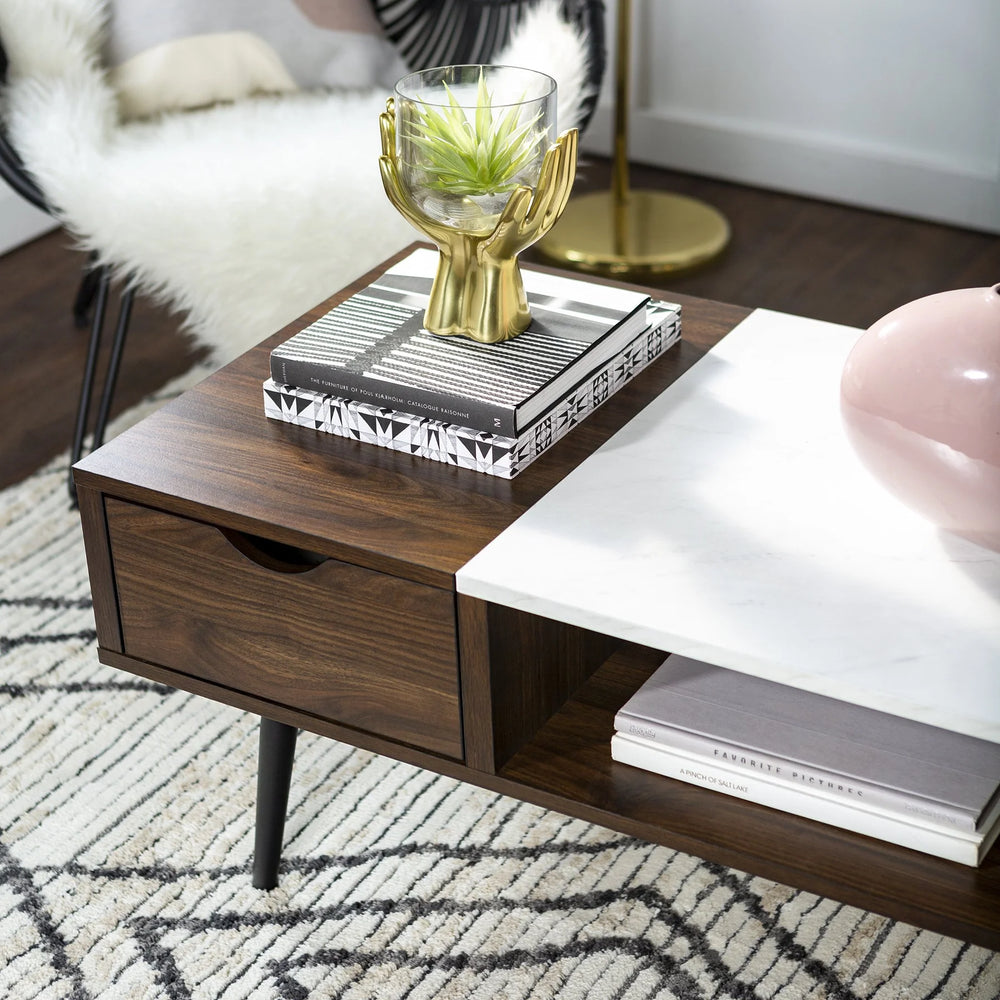 Coffee Table Faux White Marble Dark Walnut Vesely