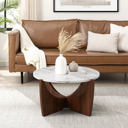 Round Coffee Table with Calacatta Marble Dark Walnut Luna