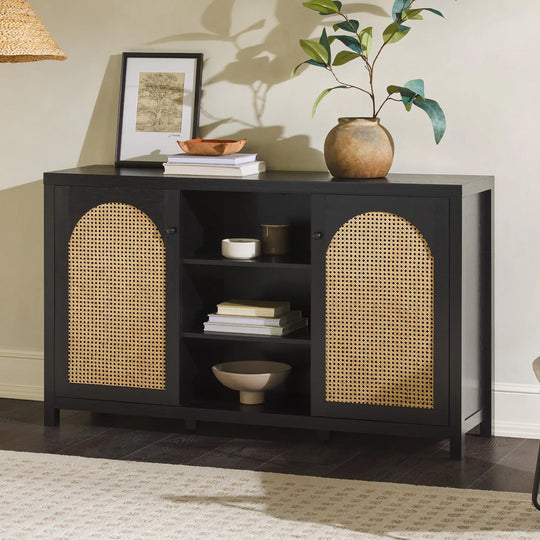 2 Door Sideboard with Arched Rattan Panels Black Warner