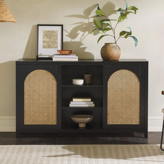 2 Door Sideboard with Arched Rattan Panels Black Warner