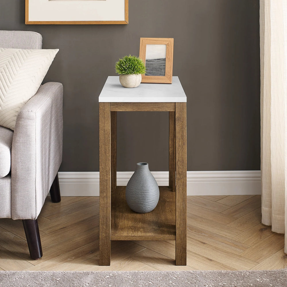 Narrow Side Table Faux White Marble/Walnut Krish