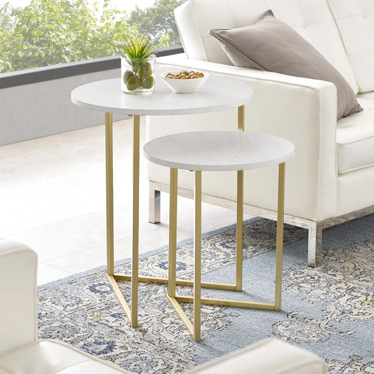 2 Piece Nesting Side Tables Faux White Marble/Gold Mauch