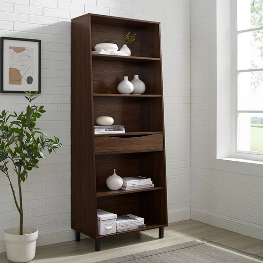 Modern 5 Shelf Bookshelf with Drawer Dark Walnut Arisztid