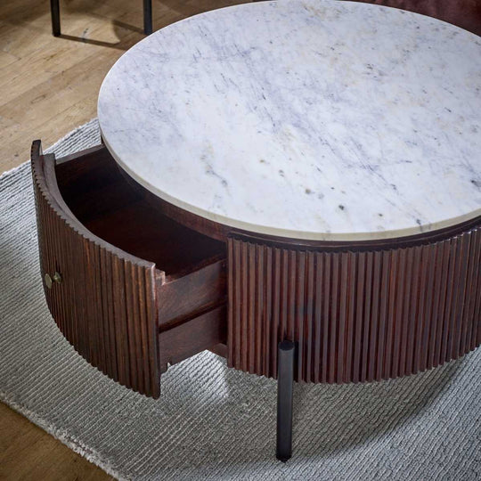 Marble Top & Metal Legs Mango Wood Round Fluted Coffee Table Opal