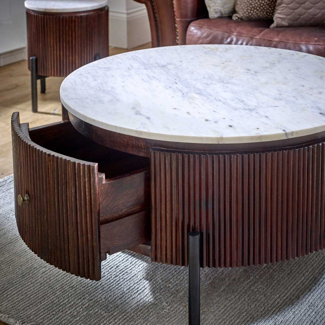 Marble Top & Metal Legs Mango Wood Round Fluted Coffee Table Opal