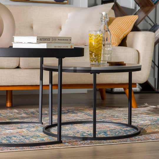 Set of 2 Modern Round Nesting Coffee Tables with Round Base Grey Enfield