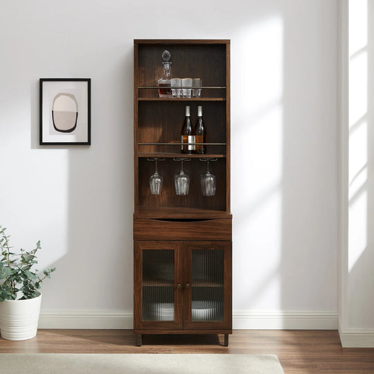 Wood Bar Cabinet with wine storage and Hutch Dark Walnut Versavia