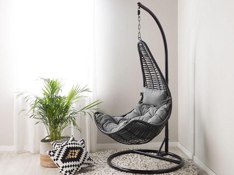 Pe Rattan Hanging Chair With Stand Black Atri