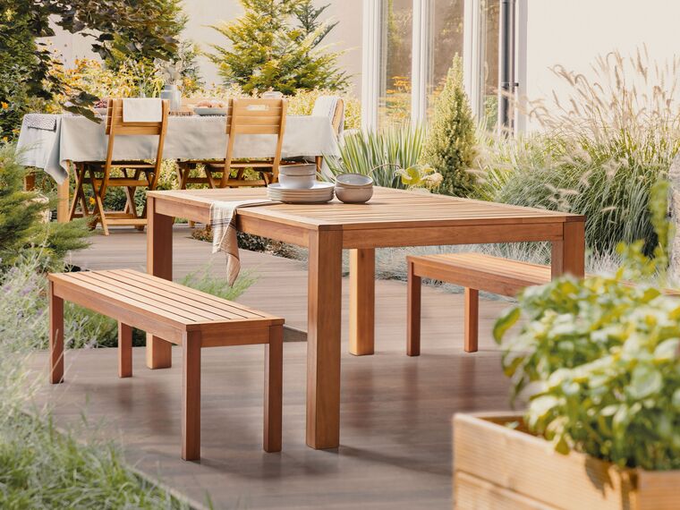 6 Seater Eucalyptus Garden Dining Set Table And Benches Natural Monsano
