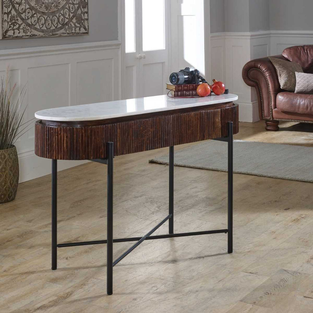 Mango Wood Console Table With Marble Top And Metal Legs Opal