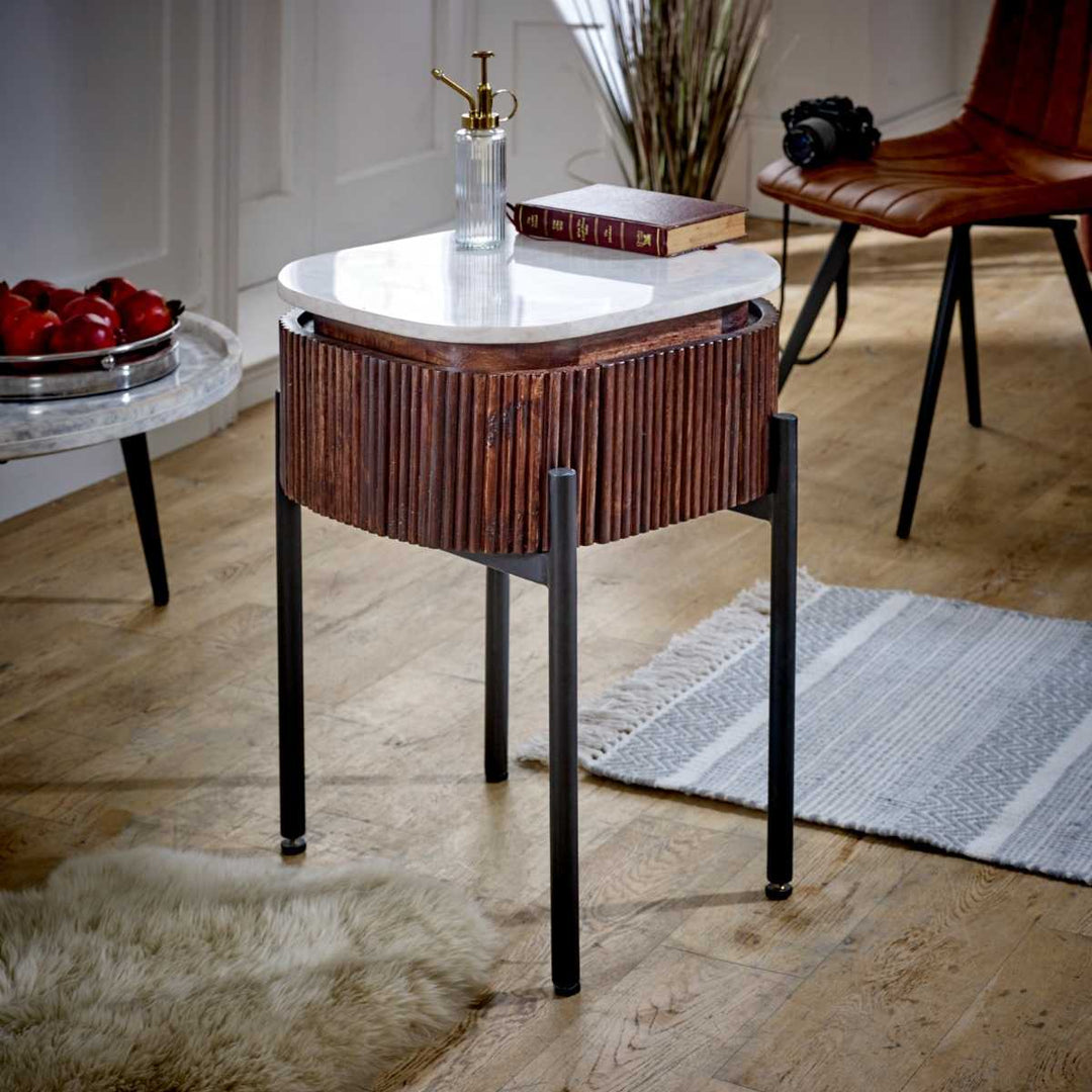 Mango Wood Bedside Table With Marble Top & Metal Legs Opal