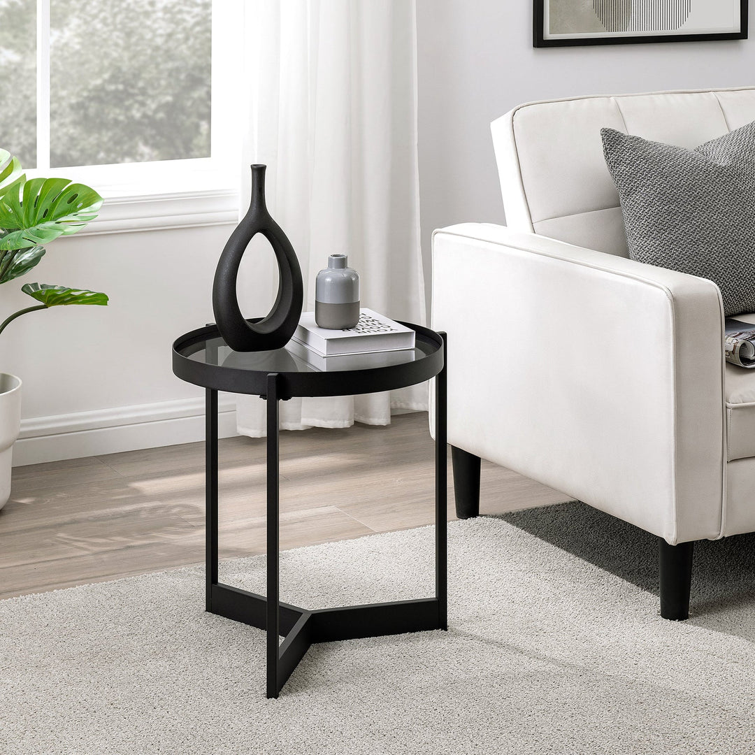 Modern Glass and Metal Round Side Table Smoked Glass/Black Aracelli