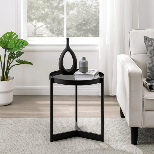 Modern Glass and Metal Round Side Table Smoked Glass/Black Aracelli